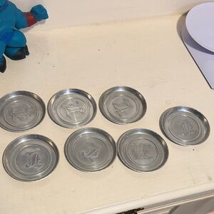 Set of 7 vintage Aluminum Coasters Monogrammed with " L " Old English Font